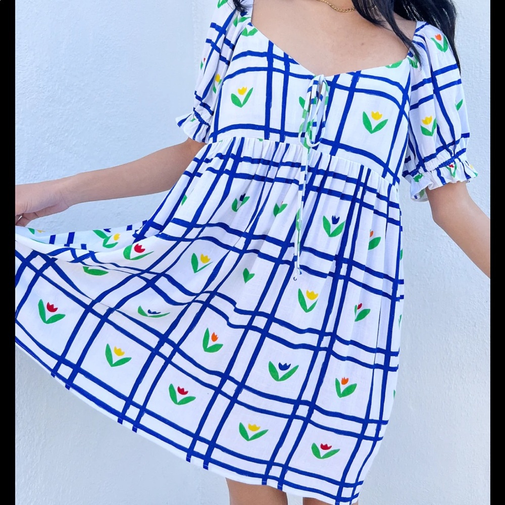 Lisa Says Gah Lily Mini Dress - Blue Windowpane Tulips